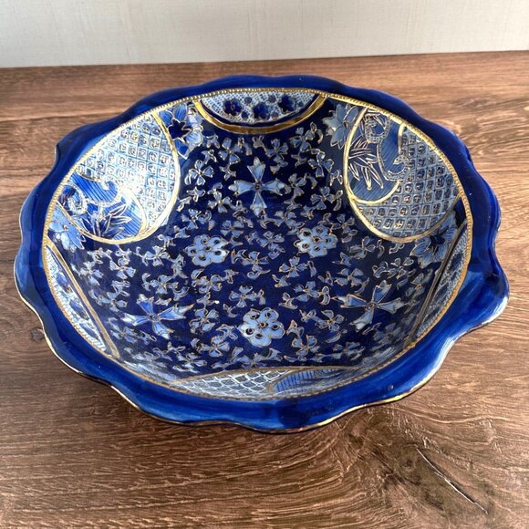 Vintage Cobalt Blue Porcelain Bowl, Floral Gold Gilt Imari Style, Made in China - Picture 1 of 11
